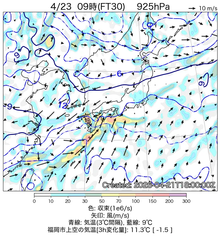 日本周辺の925hPa天気図30時間後