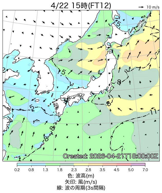 初期値から12時間後の日本周辺の波浪図
