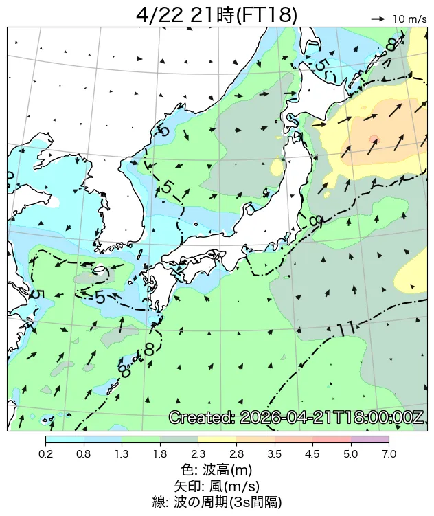 初期値から18時間後の日本周辺の波浪図