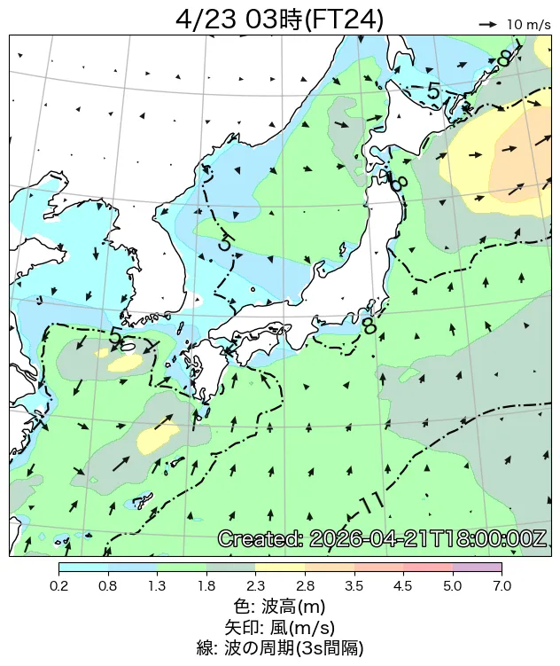 初期値から24時間後の日本周辺の波浪図