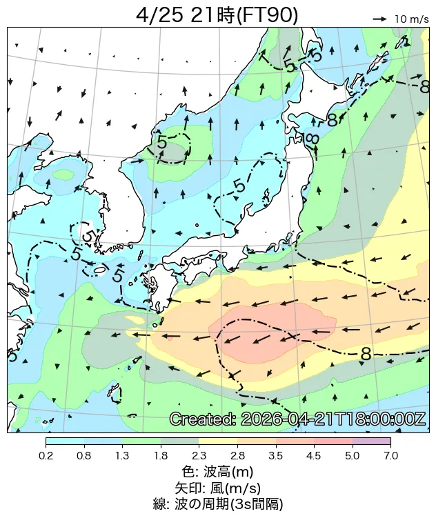 初期値から90時間後の日本周辺の波浪図